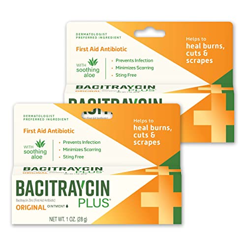 Bacitraycin Plus First Aid Antibiotic Wound Healing Ointment For Minor Cuts, Scrapes and Burns, with Bacitracin Zinc and Moisturizing Aloe Vera, Original, 1 oz, 2 Pack - 1 Ounce (Pack of 2)