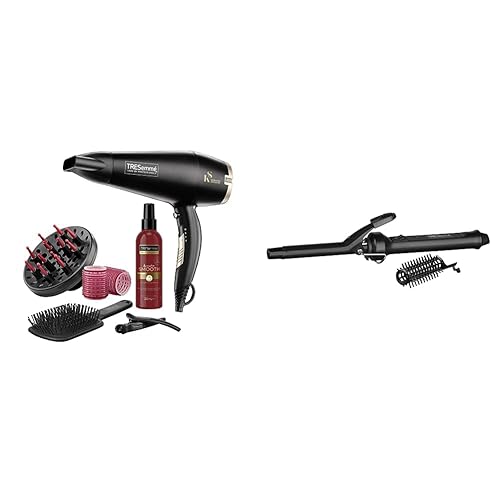 TRESemméTRESemme Keratin Smooth 2200W Volume Shine Hair Dryer Gift Set, Diffuser Dryer, paddle brush, hair rollers, ionic conditioning & Defined Curls Curling Tong, Black, 16 millimetersTRESemmé - single - + Curling Tong