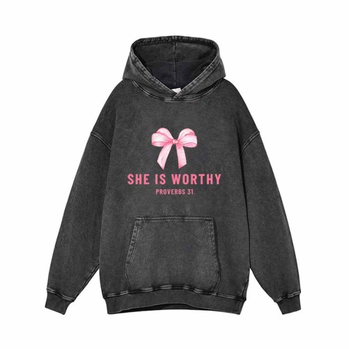 Pink Bow She is Worthy Vintage Washed Hoodie - Black / 2XL (Bust 129 cm)