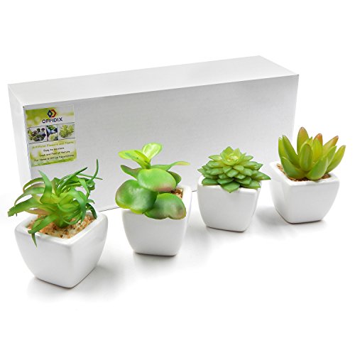 OFFIDIX Artificial Plants for Home Office Decoration Faux Flower with Ceramic Pot 4pcs/Set Indoor Fake Green Potted Plant (Square)