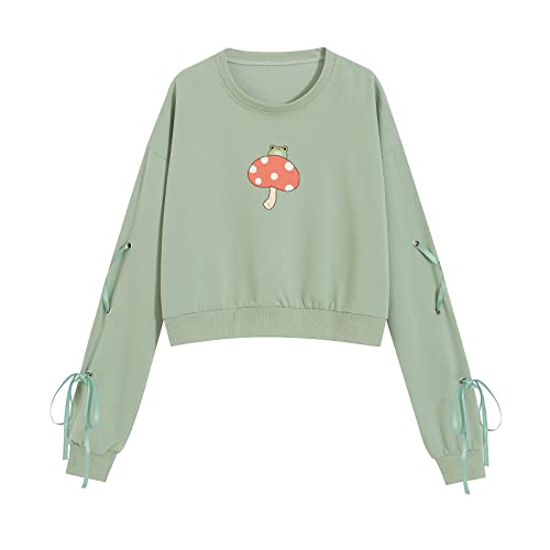 KEEVICI Women Cute Mushroom Frog Crewneck Crop Sweatshirt Lace Up Long Sleeve Pullover Kawaii Animal Trendy Hoodies for Teens, Green, Small