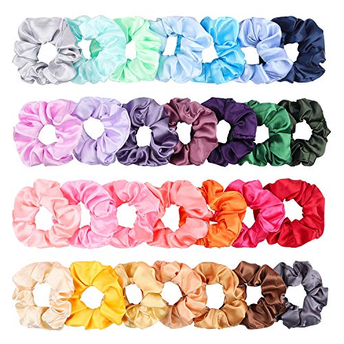 WATINC 28Pcs Silk Satin Hair Scrunchies Set for Women Strong Elastic Hair Bobbles for Ponytail Holder, Colorful Hair Accessories Ropes Scrunchie, Solid Color Traceless Hair Ties