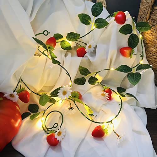 Artificial Flower Sunflower Vine String Lights Faux Fruit Strawberry Garland Plant Fairy Light Battery Powered for Wedding Bedroom Christmas Party Decoration (2m/20led, Strawberry) - 2m/20led - Strawberry