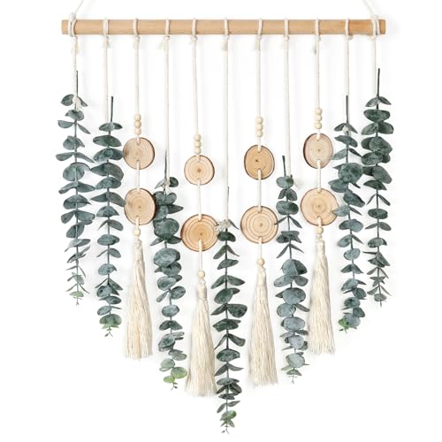 Alynsehom Artificial Eucalyptus Wall Hanging Decor Greenery Boho Chic Home Decorations Farmhouse Rustic Plants with Wooden Stick for Bedroom Living Room Apartment Ornament Gift (Green-3) - Green-3