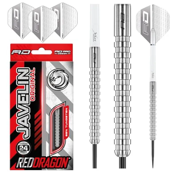 RED DRAGON Javelin Series: 20g, 22g, 24g and 26g Tungsten Darts Set with Flights and Stems