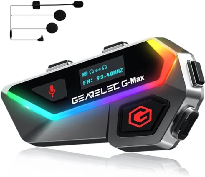 GEARELEC Motorcycle Bluetooth Headset【Screen and 7 RGB Lights】【100MpH Clear Talk】,3D HiFi Stereo Sound Helmet Bluetooth Headset, 6 Riders GMAX Motorbike Intercom with Triple Noise-Reduction/FM/V5.2BT