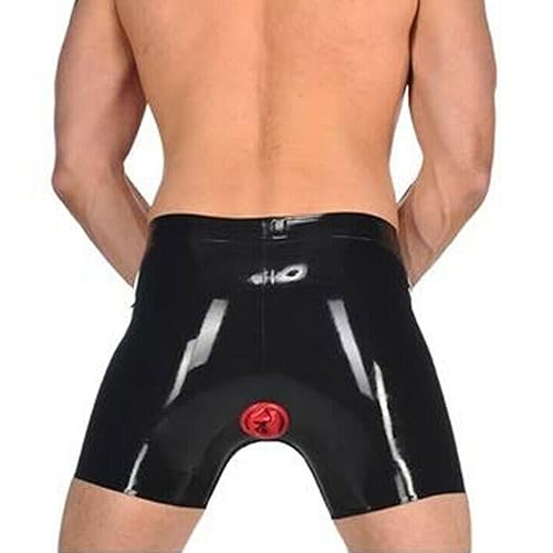 Men Black Latex Shorts Half Pants Front Crotch Zipper with Red Anus Anal Condom Middle Trousers Tight High Elastic - XX-Large - Black