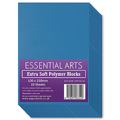 Extra Soft 100 x 150mm Double Sided Blue Polymer Blocks Pack of 10 – 3.2mm Super Soft Printing Sheets for Easy Lino Carving Art and Craft – by Essential Arts