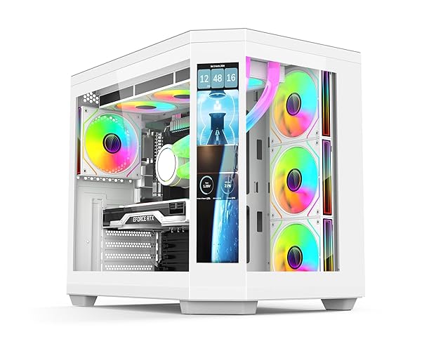 IONZ APEX Vision - PC Gaming Case, ATX Mid Tower, Dual Chamber with 4 ARGB PWM Fans - LCD Screen | White - White - Vision