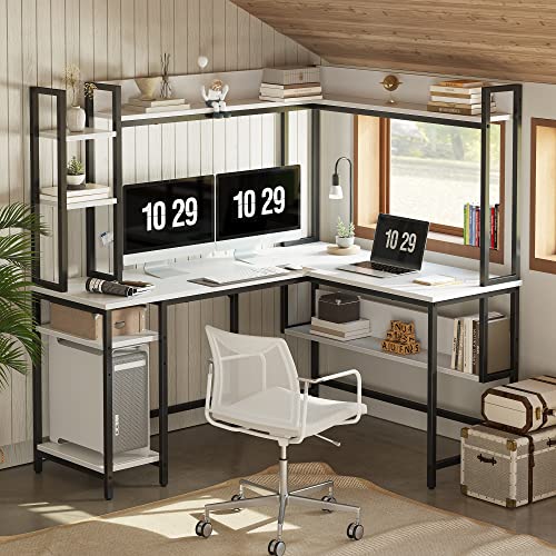 CubiCubi L-Shaped Desk with Hutch, 150x120x144 cm Corner Computer Desk, Large Home Office Desk with Bookshelf and Storage Shelves, Space-Saving, White - 150*120cm White - bookshelf and shelves