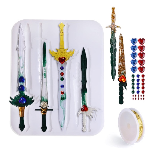 Dataty Resin Dagger Moulds, Sword Resin Moulds Dagger Athame Silicone Moulds Epoxy Molds with Craft Wire and Crystal Beads for Keychain, Decoration, Cosplay