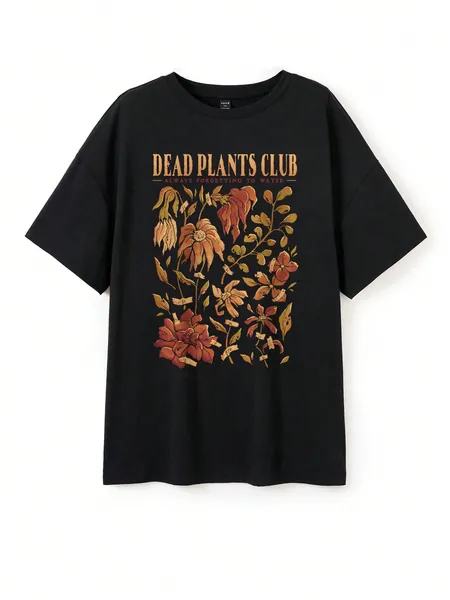 Eduely Plus Size Women's Round Neck Long T-Shirt With Slogan & Plant Print