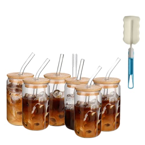 17OZ Glass Cups with Bamboo Lids and Glass Straw, Reusable Can Shaped Drinking Glasses with Lids and Straws & Brush,Wide Mouth Mason Jar Glass Cups for Smoothies, Tea, Cola, Juice, Soda (6 Pack) - 6 Pack