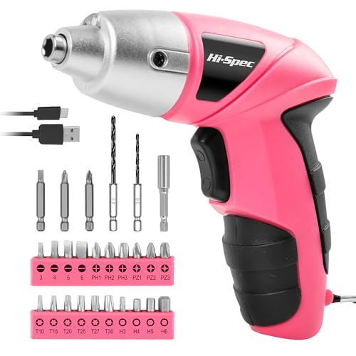 Hi-Spec 27 Pc Electric Screwdriver Pink 3.6V with 23 Drill Bit Set for Women. Cordless Screwdriver Tool with Rechargeable Battery & LED Light. Ideal Electric Screwdrivers Cordless for Home & Office. - Pink