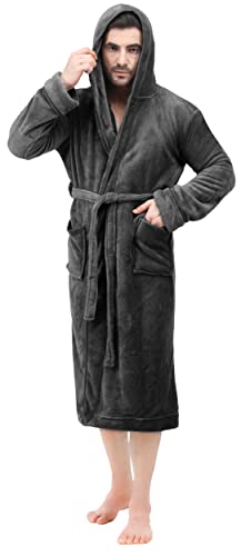 NY Threads Mens Hooded Fleece Robe - Plush Long Bathrobes - Large-X-Large - Grey