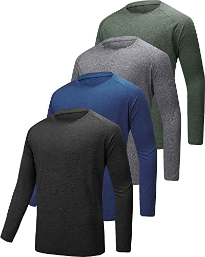 MLYENX Long Sleeve Tee Shirts for Men Moisture Wicking Long Sleeve Shirts Sun Protection Workout Shirts for Running - Large - 4 Pack Heather Black, Blue, Dark Grey, Army Green