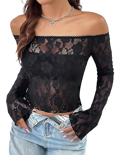 Avidlove Lace Long Sleeve Tops for Women Y2k Off The Shoulder Tops Sexy Sheer Bell Sleeve Going Out Tops - Small - Black