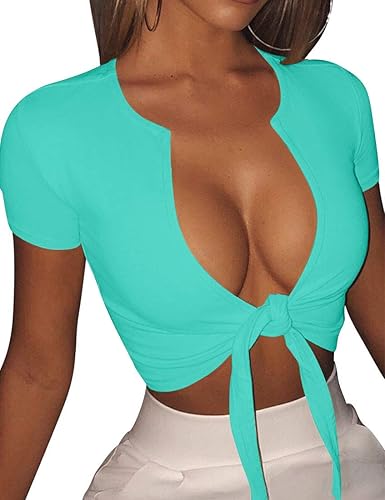 BORIFLORS Women's Sexy Tie Up Crop Top Short Sleeve Deep V Neck Casual Basic T Shirt - Small - Light Blue