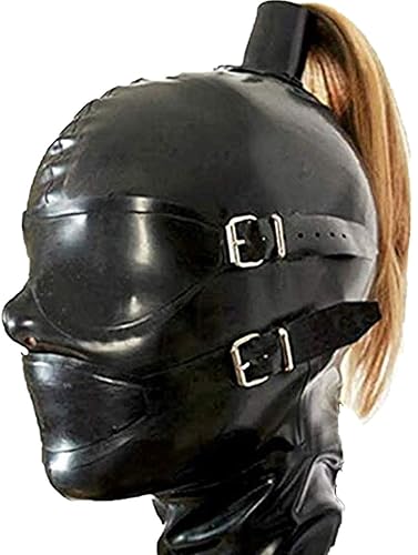 Full Cover Latex Hood Rubber Mask with Hollow Braid Tube Can Customize Blond Wig Cosplay Wear Club (with Hollow Tube, M)