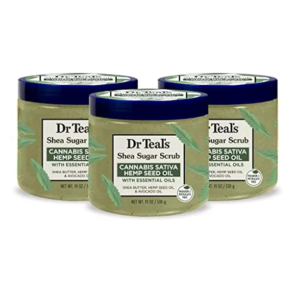 Dr Teal's Shea Sugar Body Scrub, Cannabis Sativa Hemp Seed Oil with Essential Oils, 19 oz (Pack of 3) (Packaging May Vary)