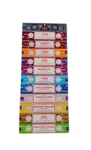 Satya Incense Set x 15gram Includes: Nag, Super Hit, Oodh, Positive Vibes, Namaste, Champa, Opium, Reiki, Spiritual Healing, Karma, Traditional Ayurveda and Meditation, Wood, Multi, 12 Packs
