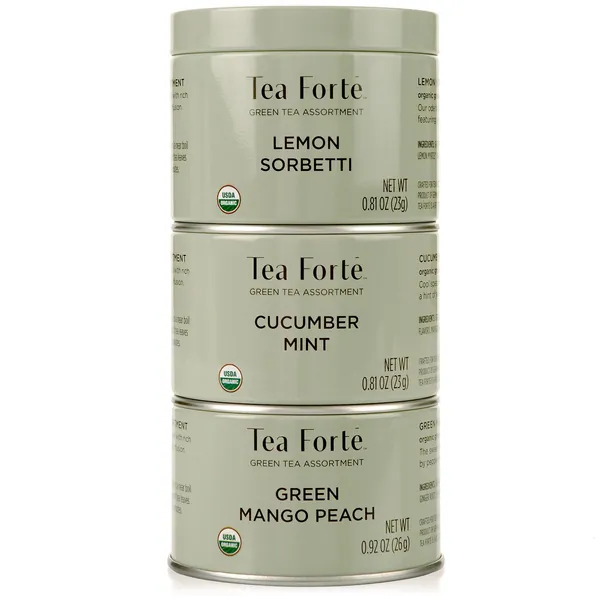 Tea Forte Loose Leaf Tea Trio, 3 Small Tea Tins, Green Tea Sampler, Lemon Sorbetti, Cucumber Mint, and Green Mango Peach