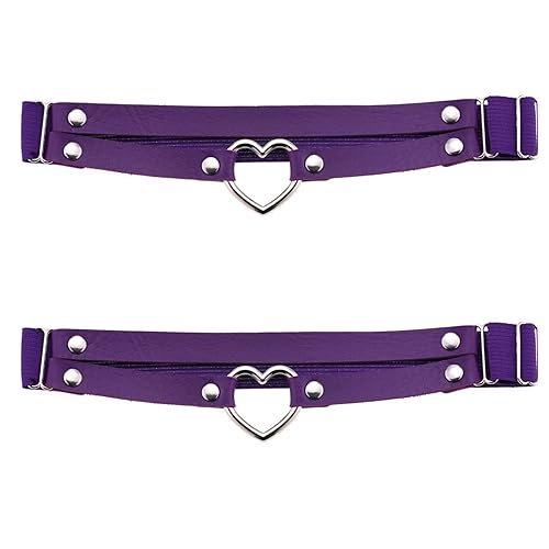 YunPeng Adjustable Elastice Garter Belt PU Leather Women's Gothic Heart 2 Rows O Ring Leg Thigh 2pcs - One Size - Purple