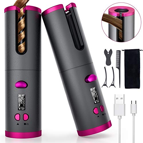 Fezax Cordless Auto Hair Curler, Automatic Curling Iron with LCD Display Adjustable Temperature & Timer, Portable Rechargeable Rotating Ceramic Barrel Curling Wand Fast Heating for Hair Styling