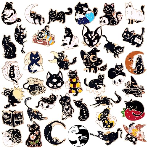 Giegxin 40 Pcs Black Cat Pins Halloween Pins Bulk Cute Cat Brooches Lapel Pins Gothic Cat Backpack Enamel Pins for Clothes Bags Accessories Classroom Gifts - Black Cat