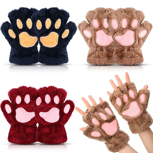 Cat Paw Gloves 3 Pairs Kawaii Gloves Cat Paws Cosplay Faux Fur Plush Cat Gloves Lion Paws Fingerless Gloves for Girls Women - Brown, Navy Blue, Wine Red