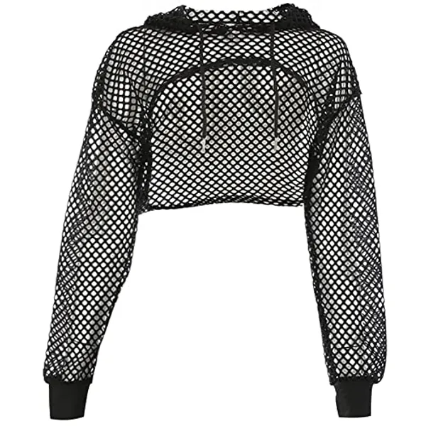 Damen Langarm Netzoberteil Bauchfreies Crop Top Sweatshirt mit Kapuze Streetwear Hip Hop Kleidung