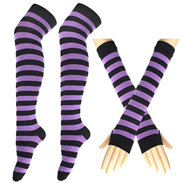 BundleMall Gestreifte lange Strickhandschuhe, kniehoch, gestreift, Leggings, Party-Kostüm, Zubehör, 2 Paar, Schwarz und Hellviolett, Einheitsgröße