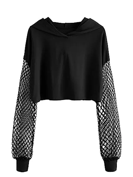 GORGLITTER Damen Crop Kapuzenpullover Hoodie mit Fischnetz Ärmel Pullover Kapuzen Leicht Pulli Langarmshirt