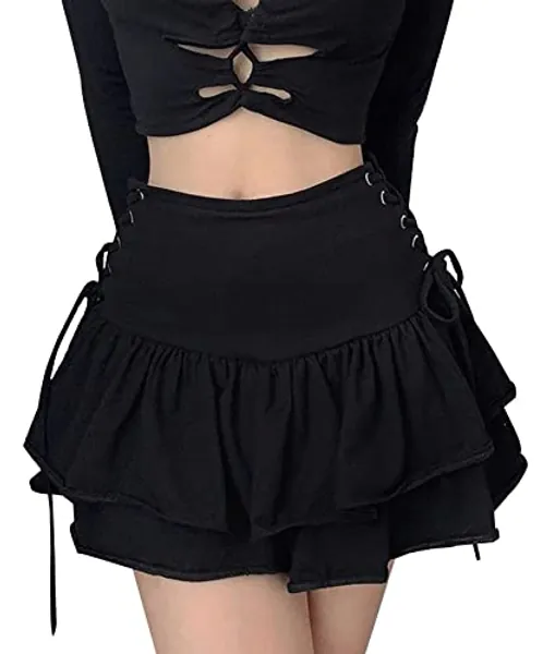 SEAUR Gothic Rock Damen Schwarz Kurz Punk Minirock Steampunk Skirt Cosplay Party Club Wear High Waist A Linie Spitze Faltenrock - S M L XL