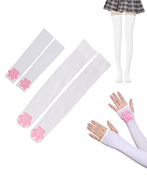 TECDW Oberschenkelhohe Socken mit 1 Paar Katze Paw Pad Handschuhe,3D-Kätzchenpfotenpolster Lange Socken,Süße Katze Paw Pad Strümpfe Für Party Kawaii Cosplay,Tägliche Kleidung