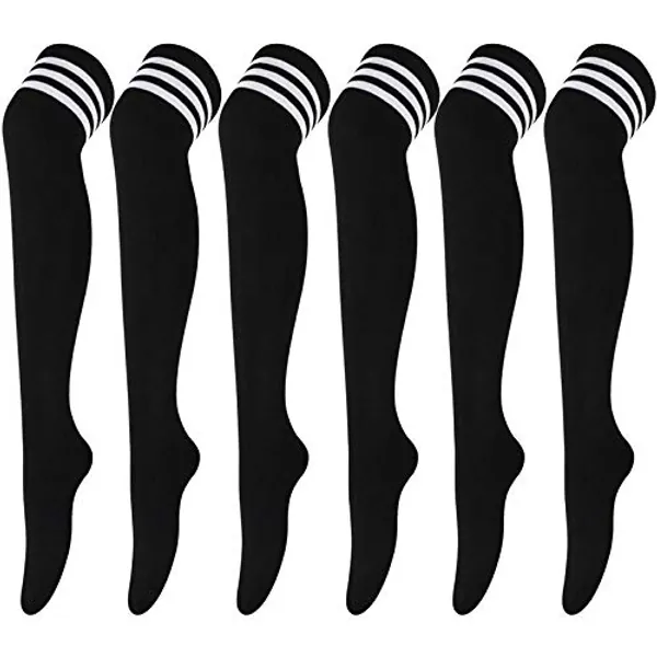 DRESHOW 6 Paar Damen und Mädchen Kniestrümpfe Overknee Lange Strümpfe Streifen Oberschenkel Hohe Socken Sport Socken Leggings Strümpfe