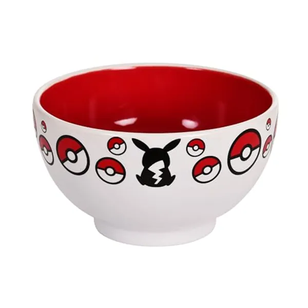 Elbenwald Pokemon Müslischale - Bowl mit Pikachu und Pokebälle Motiv - 600 ml - 8 cm Höhe - Ø 13 cm - Keramik - Weiß Rot