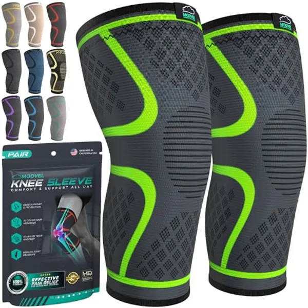 Modvel 2 Pack Knee Brace | Knee Compression Sleeve for Men & Women | Knee Support for Running | Medical Grade Knee Pads for Meniscus Tear, ACL, Arthritis, Joint Pain Relief. (Large, Green)