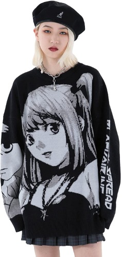 FELLVISHK Anime Girl Figure Sweater Graphic Long Sleeve Oversize Knitwear Sweatshirt Unisex 3D - Medium Black