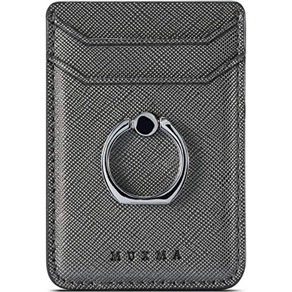 TOPWOOZU Phone Card Holder with Ring Grip for Back of Phone,Adhesive Stick-on Credit Card Wallet Pocket for iPhone,Android and Smartphones Gun Metal