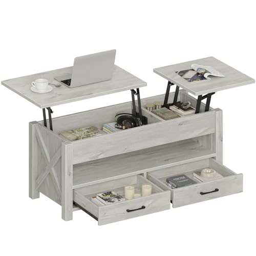 Seventable Coffee Table, 47.2" Lift Top Coffee Table with 2 Storage Drawers and Hidden Compartment, X Wood Farmhouse Support, Retro Center Table with Wooden Lift Tabletop, for Living Room,Grey - Grey