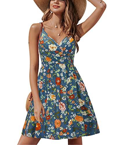 STYLEWORD Womens' 2023 V Neck Floral/Solid Spaghetti Strap Summer Casual Swing Dress with Pocket - XX-Large - Afloral42-412