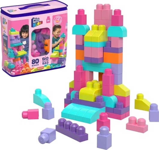 MEGA BLOKS First Builders Toddler Blocks Toys Set, Big Building Bag with 80 Pieces and Storage, Pink, Ages 1+ Years - Pink Bag