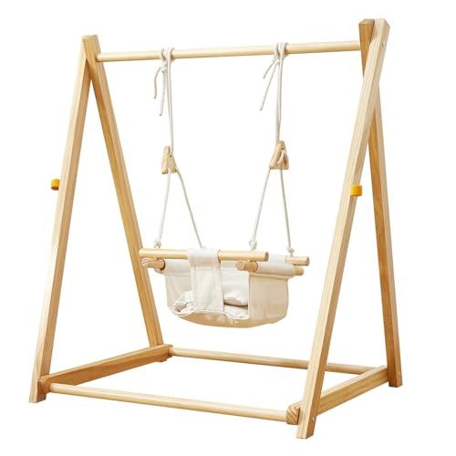 FUNLIO Wooden Swing Set for Toddlers 6-36 Months, Foldable Baby Swing Set with Durable Pine, Portable Toddler Swing with 4 Sandbags & Extension Straps, Kid Swing for Indoor/Outdoor/Backyard