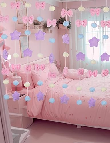 NiHome Fluffy Plush Doorway Curtain, Cute Hanging String Garland Kawaii Wall Hanging Home Decor for Girl Baby Room,Plush Bowknot Pentacle Garland Curtain with Hooks & Adhesive Velcro, 9 Strings