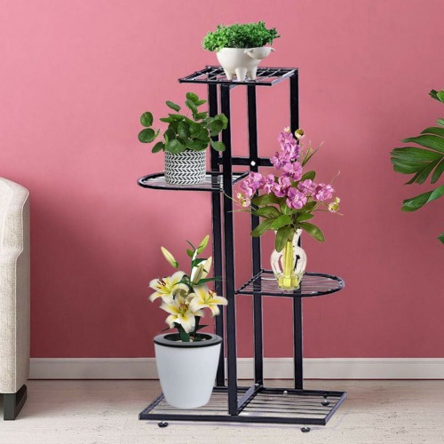 5 Pots Iron Flower Pot Stand for Garden Patio Decor - Black