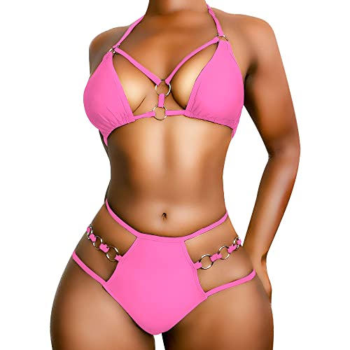 EJsoyo Womens Sexy Thong Bikini Swimsuits String Push up Padded Bathing Suit 2 Piece Cheeky Swimwear with Metal Ring - Pink - Medium
