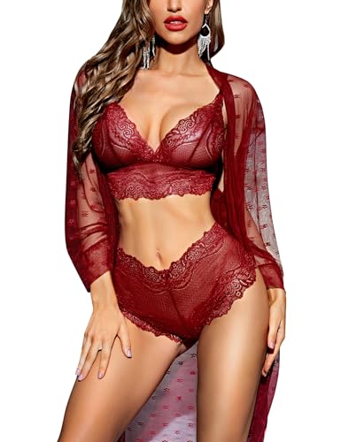 RSLOVE Women Sexy Lingerie Set 3 Piece Lace Kimono Robe with Bra and Panty Sheer Sleepwear - Medium - Wine Red