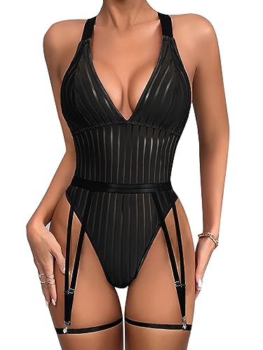 ssyyx Womens Sexy Lingerie Bodysuit Set,Mesh Deep V Neck Teddy Lingeries Strappy Snap Crotch One Piece Body Suit Outfits - Black - Medium
