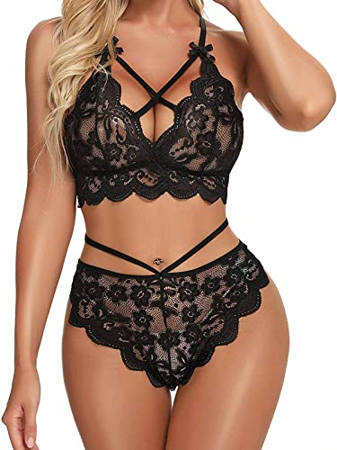 Juesstera Women's Erotic Lingerie Sexy Strappy Bralette and Panties 2 Pieces Lace Bra and Panty Set Deep V Underwear - Medium - Black-2189